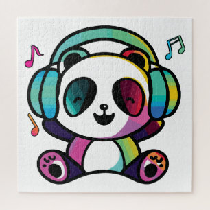 Happy Panda met hoofdtelefoons die naar muziek lui Legpuzzel