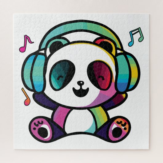 Happy Panda met hoofdtelefoons die naar muziek lui Legpuzzel (Verticaal)