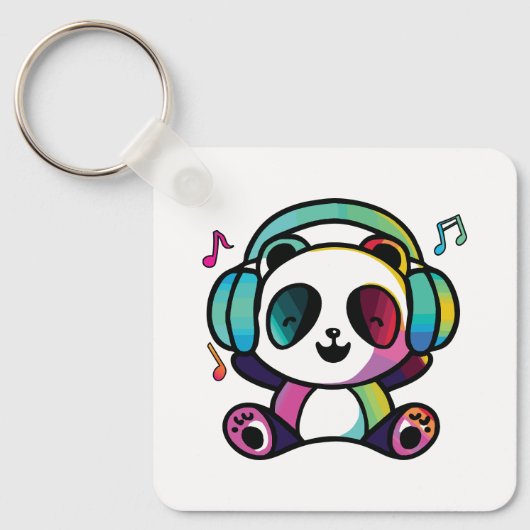 Happy Panda met hoofdtelefoons die naar muziek lui Sleutelhanger (Voorkant)