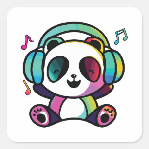 Happy Panda met hoofdtelefoons die naar muziek lui Vierkante Sticker