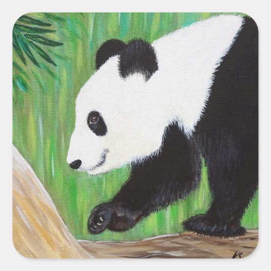 Happy Panda Painting Vierkante Sticker (Voorkant)