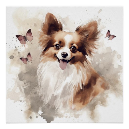 Happy Papillon Dog Waterverf Perfect Poster (Voorkant)