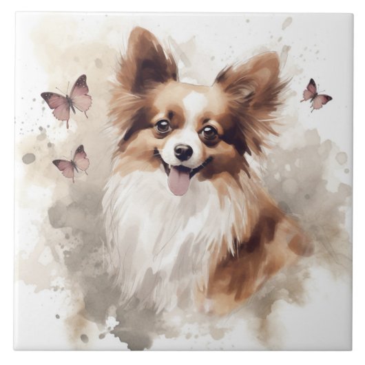 Happy Papillon Dog Waterverf Tegeltje (Voorkant)
