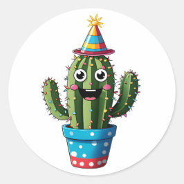 Happy Party Cactus – Schattige feestelijk Cartoon  Ronde Sticker