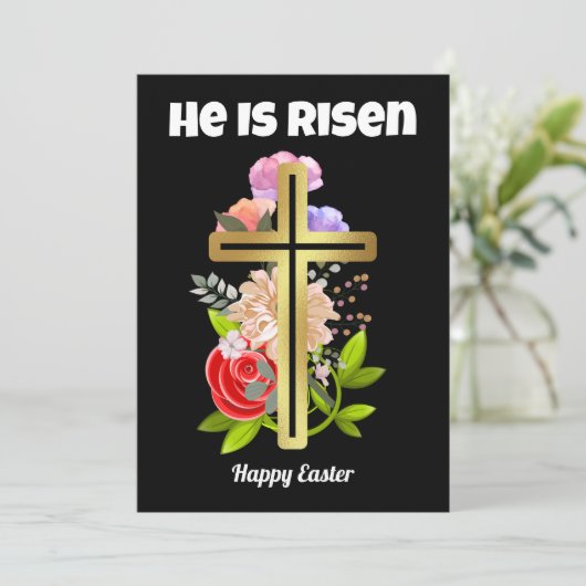Happy Pasen familie, floral and cross-Christelijk Feestdagenkaart (Staand voorkant)
