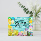 Happy Pasen met ei en konijn met bloemen Briefkaart (Staand voorkant)