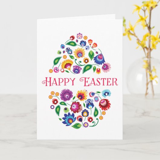 Happy Pasen - op folklore geïnspireerde kaart, wit Kaart (Gele Bloem)