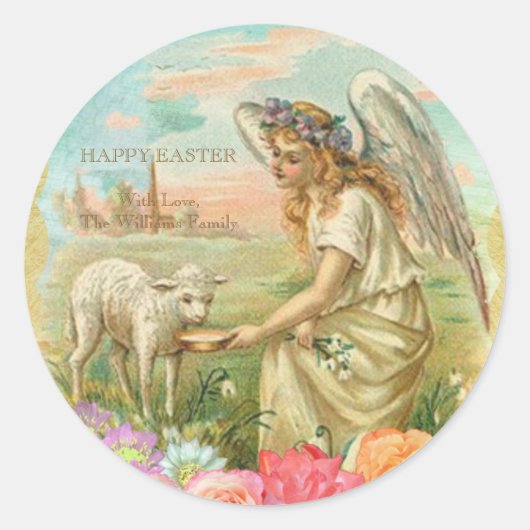 Happy Pasen Typografie  Angel Lamb Ronde Sticker (Voorkant)