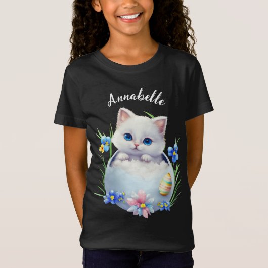 Happy Pasen White Kitten met bloemen T-shirt (Voorkant)