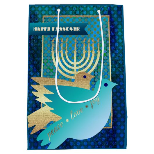 Happy Passover. Menorah en Peace Doves Medium Cadeauzakje (Achterkant)