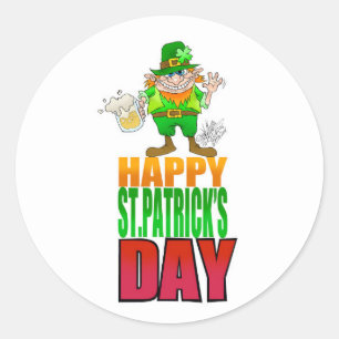 Happy Pat, Cartoon Leprechaun zwaaiend, onderzette Ronde Sticker