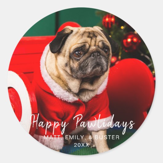 Happy Pawholidays Familie Hond Foto Kerstmis Ronde Sticker (Voorkant)