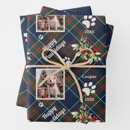 Happy Pawholidays Hond Blauw Plaid Kerstmis Inpakpapier Vel (In situ)