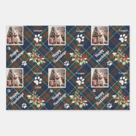 Happy Pawholidays Hond Blauw Plaid Kerstmis Inpakpapier Vel