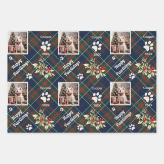 Happy Pawholidays Hond Blauw Plaid Kerstmis Inpakpapier Vel