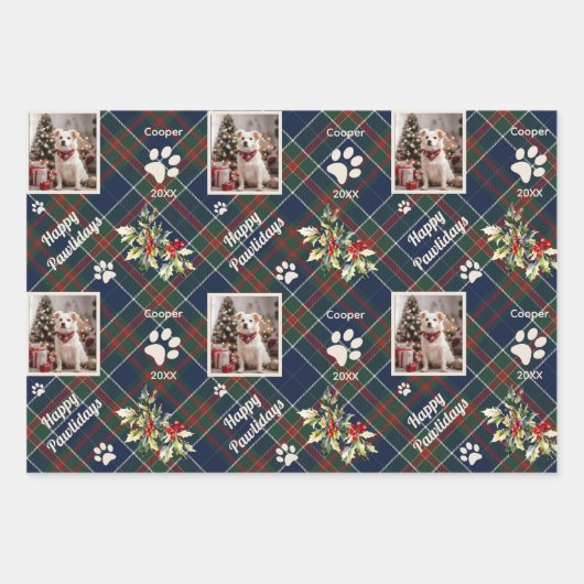 Happy Pawholidays Hond Blauw Plaid Kerstmis Inpakpapier Vel (Voorkant)