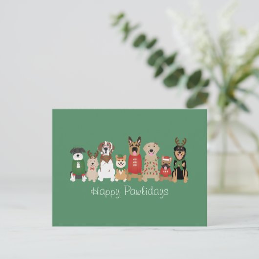 Happy Pawholidays Honden Rood Groen Briefkaart (Staand voorkant)