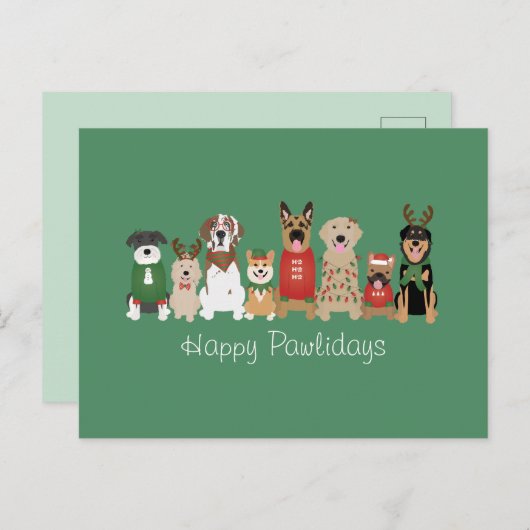 Happy Pawholidays Honden Rood Groen Briefkaart (Voorkant / Achterkant)