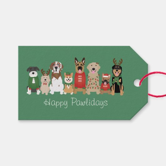 Happy Pawholidays Honden Rood Groen Cadeaulabel (Voorkant (Horizontaal))