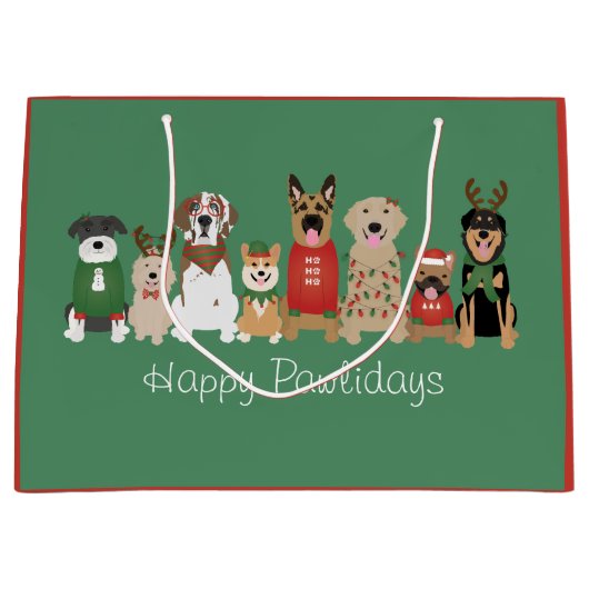 Happy Pawholidays Honden Rood Groen Groot Cadeauzakje (Voorkant)