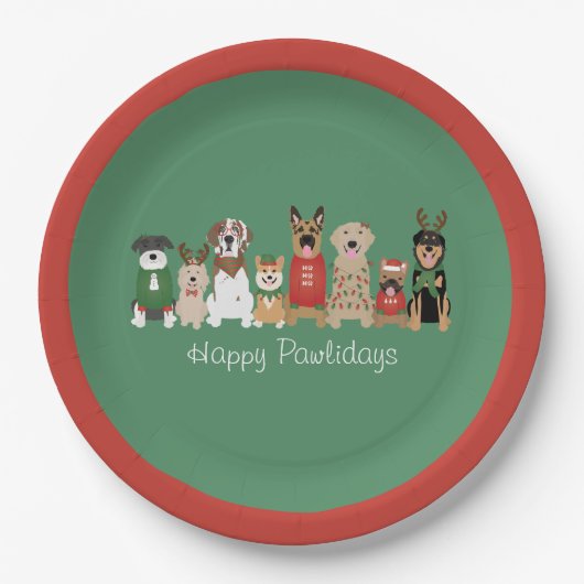 Happy Pawholidays Honden Rood Groen Papieren Bordje (Voorkant)