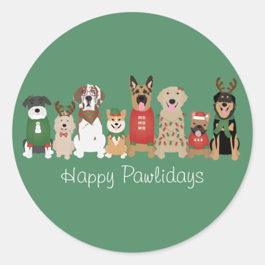 Happy Pawholidays Honden Rood Groen Ronde Sticker (Voorkant)
