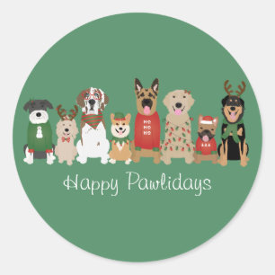 Happy Pawholidays Honden Rood Groen Ronde Sticker