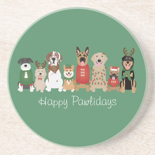 Happy Pawholidays Honden Rood Groen Zandsteen Onderzetter (Voorkant)