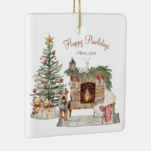 Happy Pawholidays Hondenontwerp - Airedale Keramisch Ornament (Rechts)