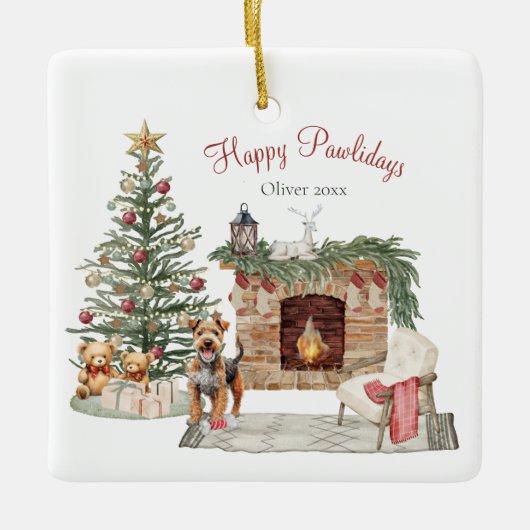 Happy Pawholidays Hondenontwerp - Airedale Keramisch Ornament (Voorkant)