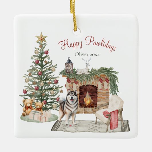 Happy Pawholidays Hondenontwerp - Alaskan Malamute Keramisch Ornament (Voorkant)