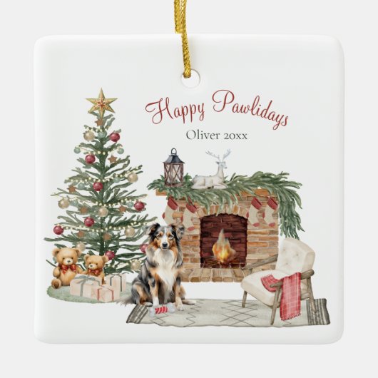 Happy Pawholidays Hondenontwerp - Australian Sheph Keramisch Ornament (Voorkant)