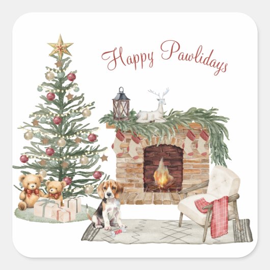 Happy Pawholidays Hondenontwerp - Beagle Vierkante Sticker (Voorkant)