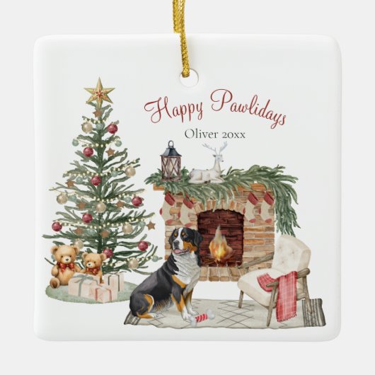 Happy Pawholidays Hondenontwerp - Berner Berghond Keramisch Ornament (Voorkant)