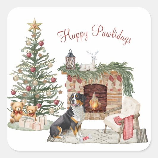 Happy Pawholidays Hondenontwerp - Berner Berghond Vierkante Sticker (Voorkant)