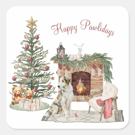 Happy Pawholidays Hondenontwerp- Borzoi Vierkante Sticker (Voorkant)