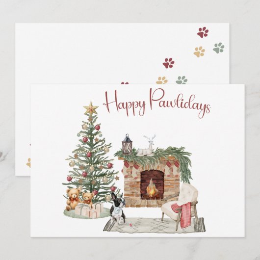 Happy Pawholidays Hondenontwerp- Boston Terrier Feestdagenkaart (Voorkant / Achterkant)
