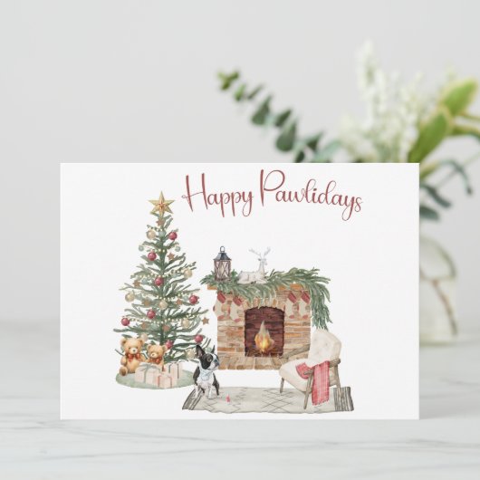 Happy Pawholidays Hondenontwerp- Boston Terrier Feestdagenkaart (Staand voorkant)