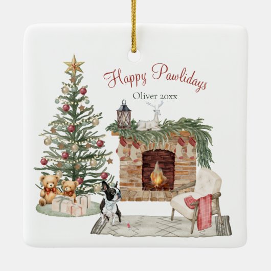 Happy Pawholidays Hondenontwerp- Boston Terrier Keramisch Ornament (Achterkant)