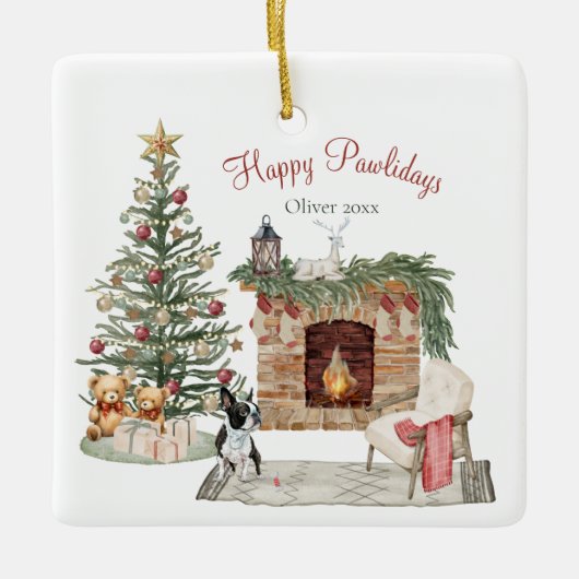 Happy Pawholidays Hondenontwerp- Boston Terrier Keramisch Ornament (Voorkant)
