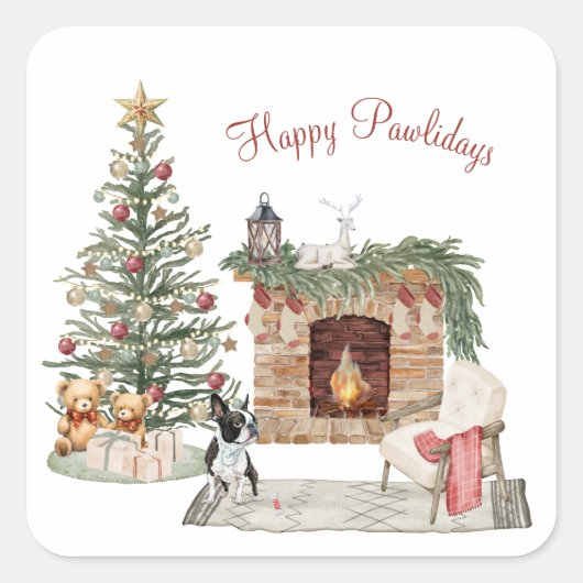 Happy Pawholidays Hondenontwerp- Boston Terrier Vierkante Sticker (Voorkant)
