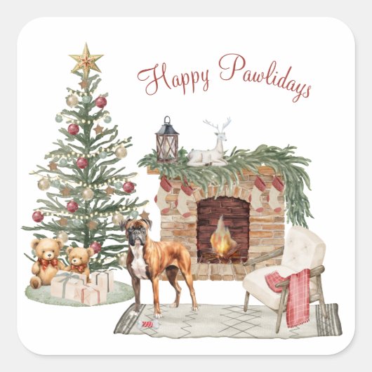 Happy Pawholidays Hondenontwerp- Boxer Vierkante Sticker (Voorkant)