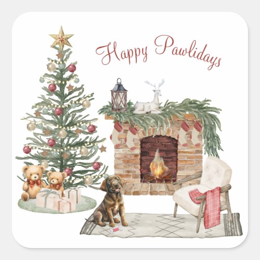 Happy Pawholidays Hondenontwerp - Chocolade Labrad Vierkante Sticker (Voorkant)