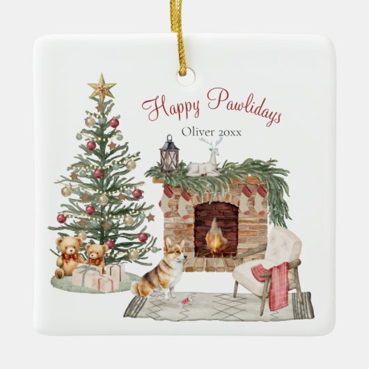 Happy Pawholidays Hondenontwerp - Corgi Keramisch Ornament (Voorkant)