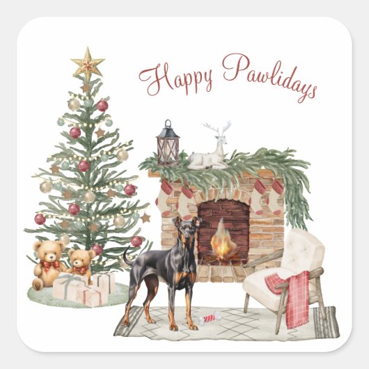 Happy Pawholidays Hondenontwerp - Doberman Pinsche Vierkante Sticker (Voorkant)