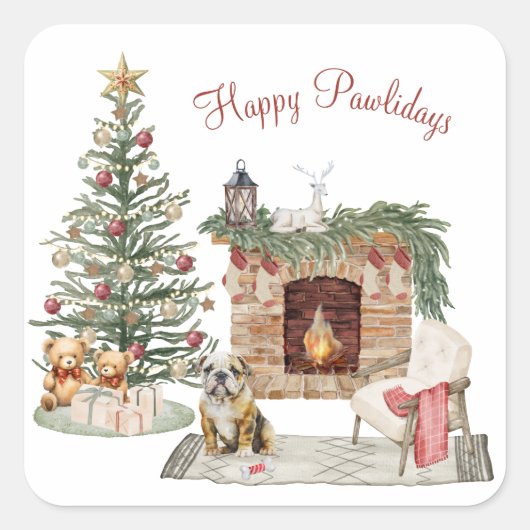 Happy Pawholidays Hondenontwerp- English Bulldog Vierkante Sticker (Voorkant)