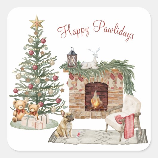 Happy Pawholidays Hondenontwerp - Franse Bulldog Vierkante Sticker (Voorkant)