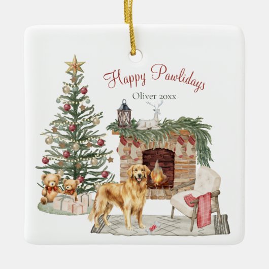 Happy Pawholidays Hondenontwerp - Golden Retriever Keramisch Ornament (Voorkant)