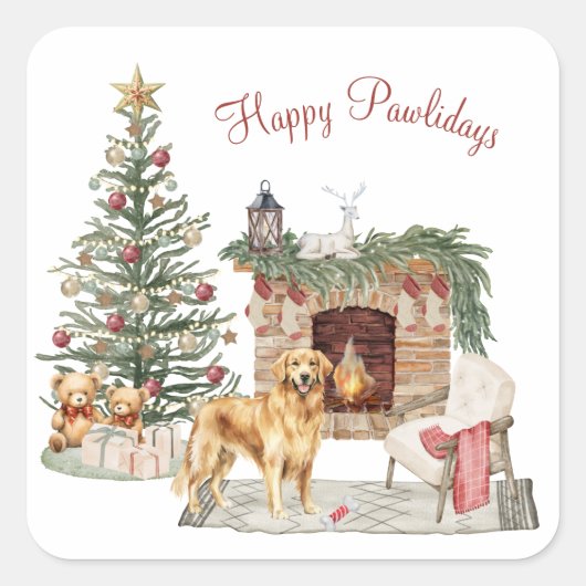 Happy Pawholidays Hondenontwerp - Golden Retriever Vierkante Sticker (Voorkant)