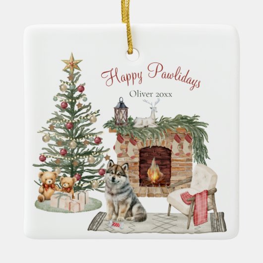 Happy Pawholidays Hondenontwerp- Husky Keramisch Ornament (Voorkant)